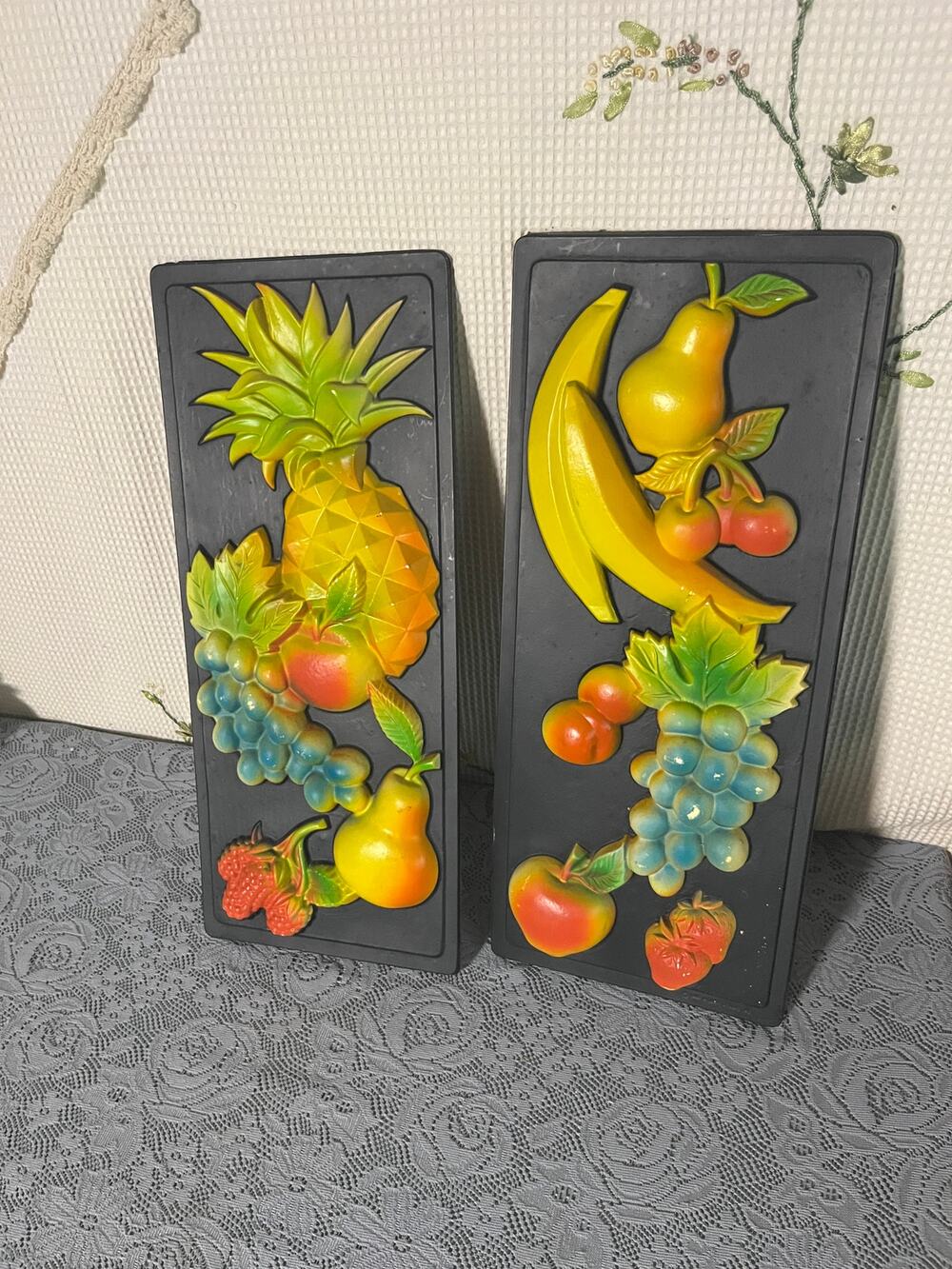 Vintage Molded Plastic Fruit Wall Plaques Pair Pineapple Grapes Banana Kitsch
